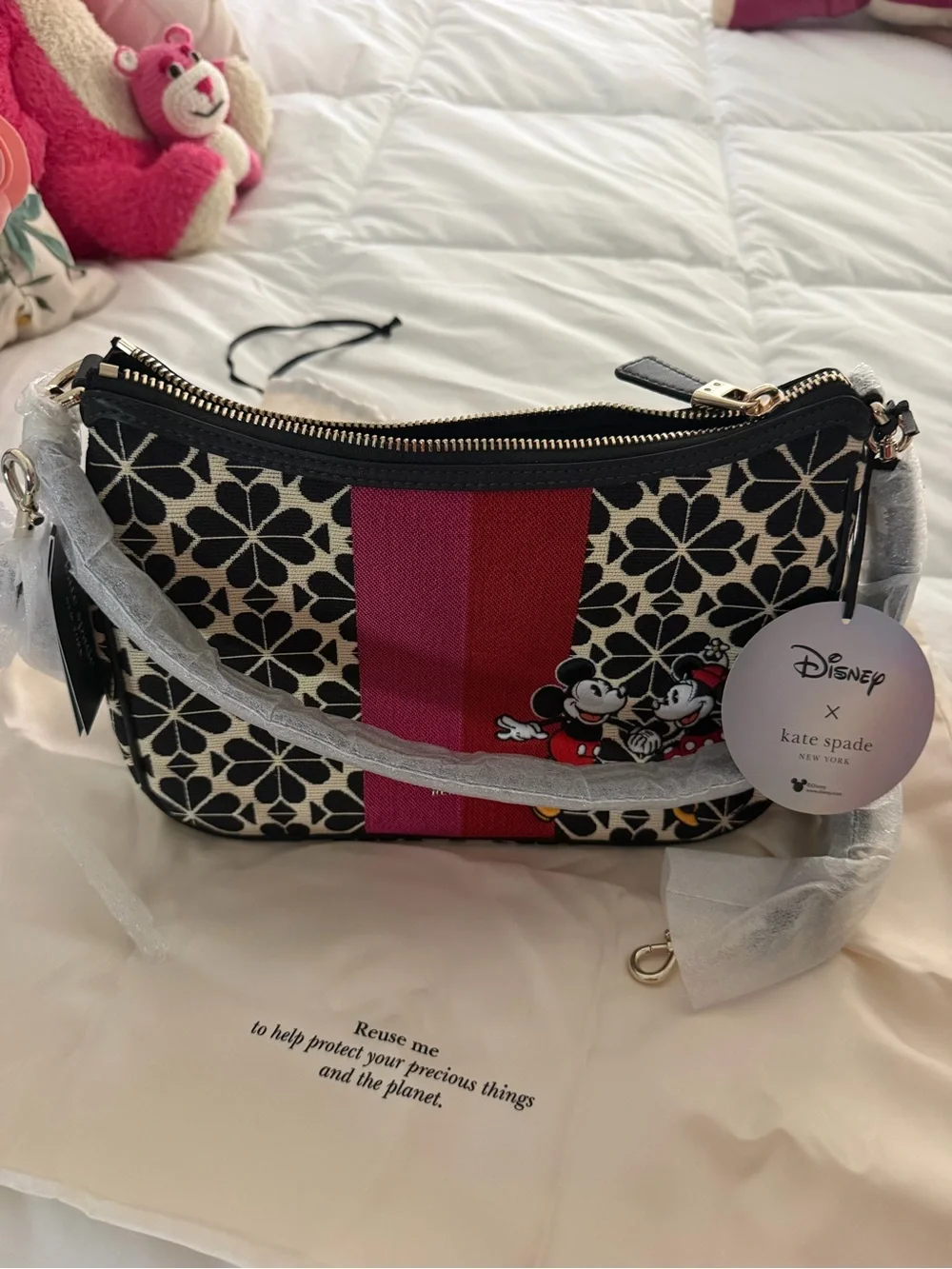 kate spade Black Floral Canvas Shoulder Bag with Red and Pink Stripe NWT